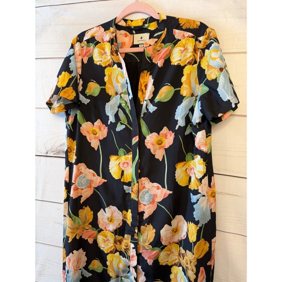 Tuckernuck Floral‎ Maxi Dress Black Yellow Pink Short Sleeve Button Front M - Picture 2 of 7